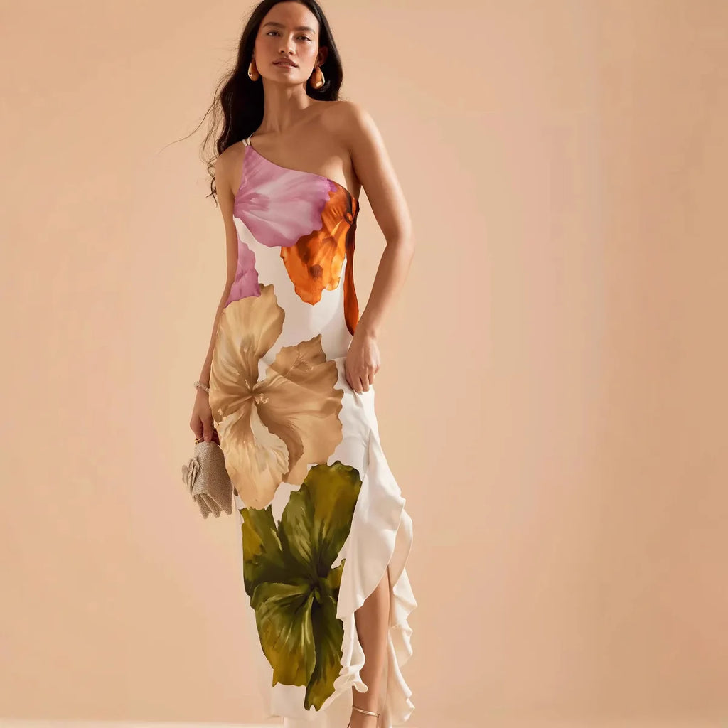VEITCHE Fashion Women Printed Curling Edge Long Dresses Irregular One Shoulder Open Fork Gown Women Summer 2025 Party Vestidos