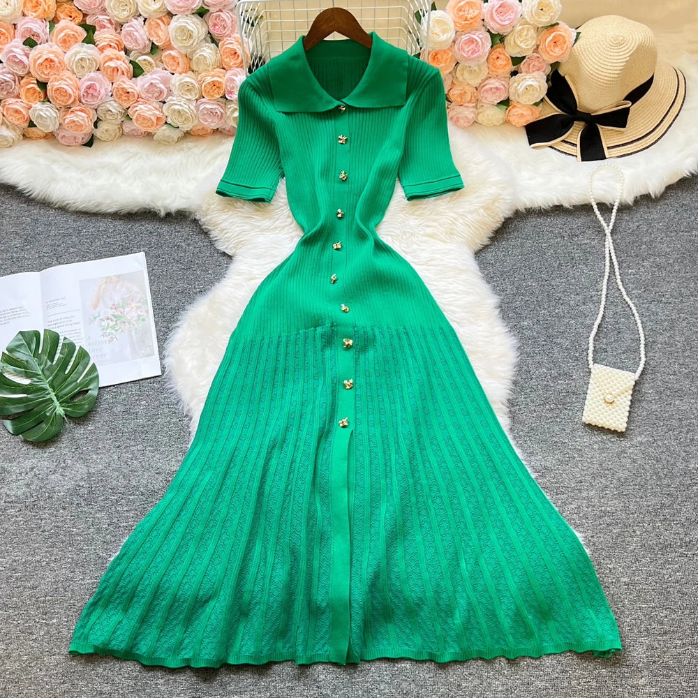 YuooMuoo Brand Fashion Turn-down Collar Knit Maxi Dress