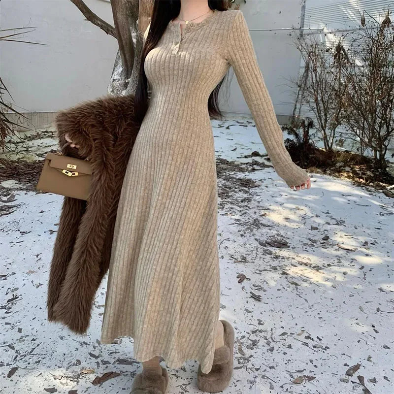 Smvp Elegant Slim High Waist Knit Dresses Women Autumn Winter Long Sleeve Thick Warm Long Dress Vintage Streetwear Vestidos