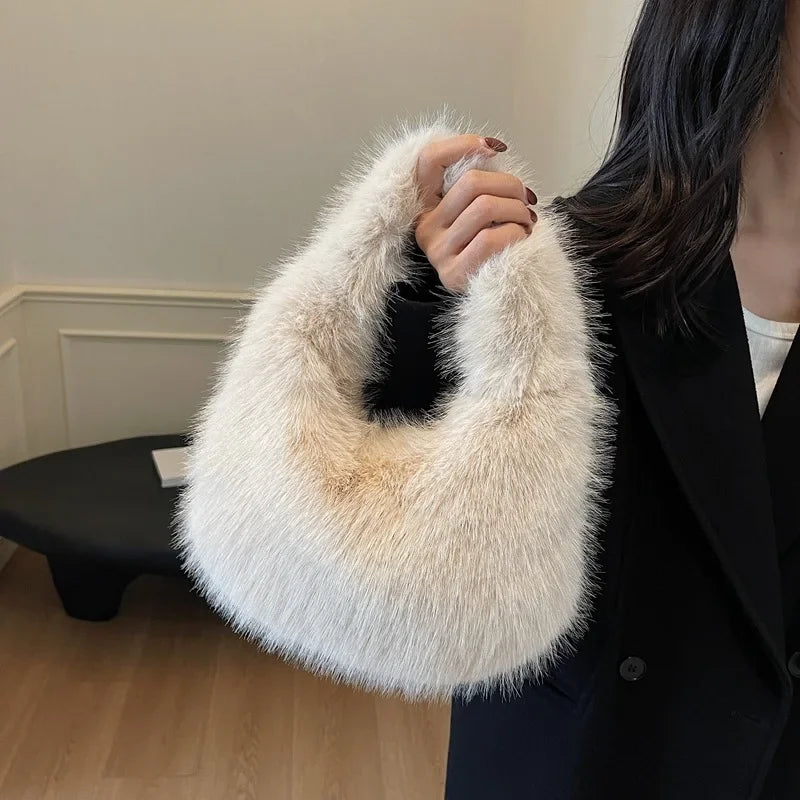 Winter Soft Plush Handbags Ladies Small Elegant Tote Bags Fashion Trend Female Furry Purse