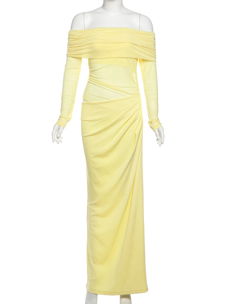 Dress Spring Patchwork Mesh Elegant Slash Neck Ruched