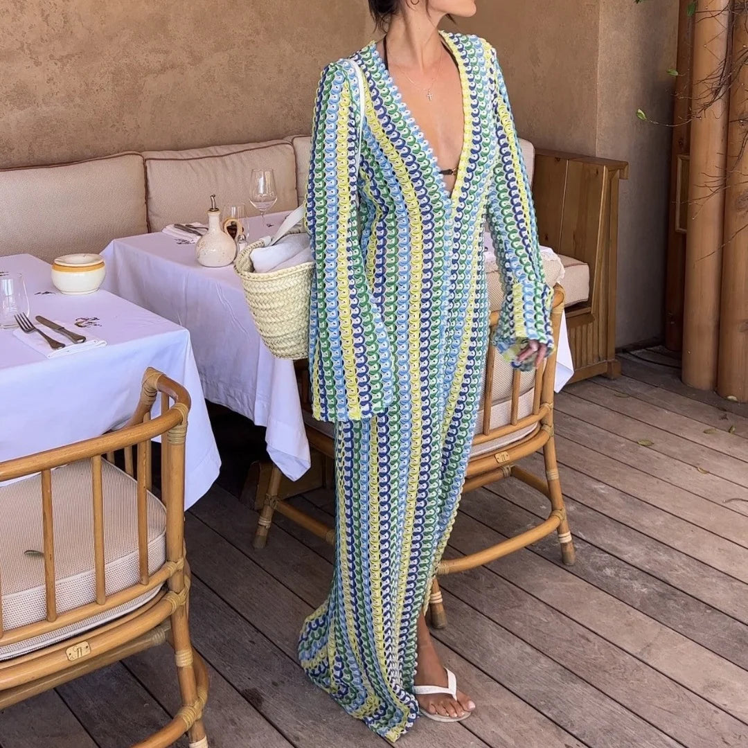 Crochet Colorful Stripe Maxi Dress Women Flare Sleeve Deep V-neck Split Sexy Long Dresses Spring Autumn Beach Banquet Vestidos