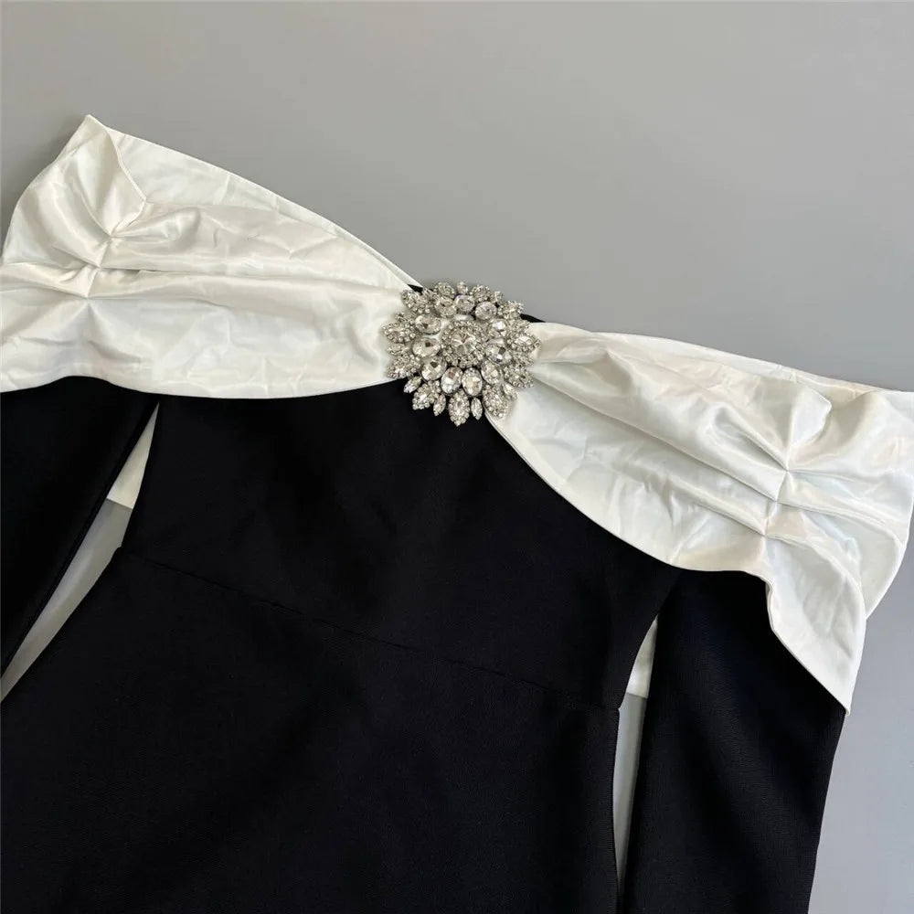 Women Beading Elegant Bandage Dress Sexy Off The Shoulder Long Sleeve Patchwork Clothing Club Party Celebrity Dresses