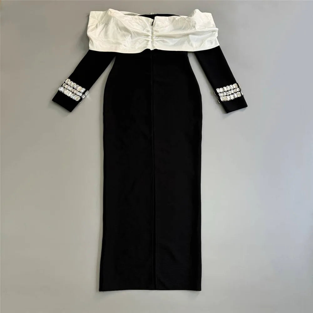 Women Beading Elegant Bandage Dress Sexy Off The Shoulder Long Sleeve Patchwork Clothing Club Party Celebrity Dresses