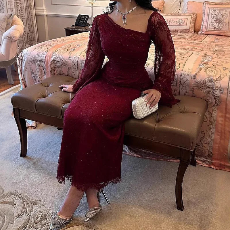Elegant Temperament Long Sleeved Dress Lace Slim Fit Women's Party Dress Fall Asymmetrical High Waist Draped Banquet Dress Mujer