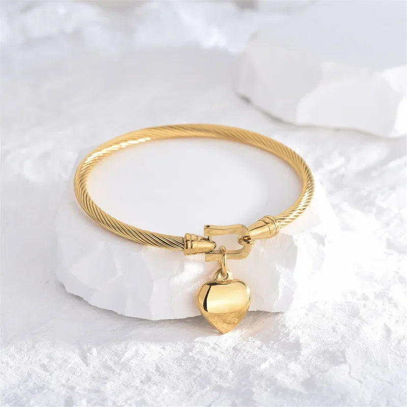Stainless Steel Gold Heart Pendant Charm Bangle Bracelets