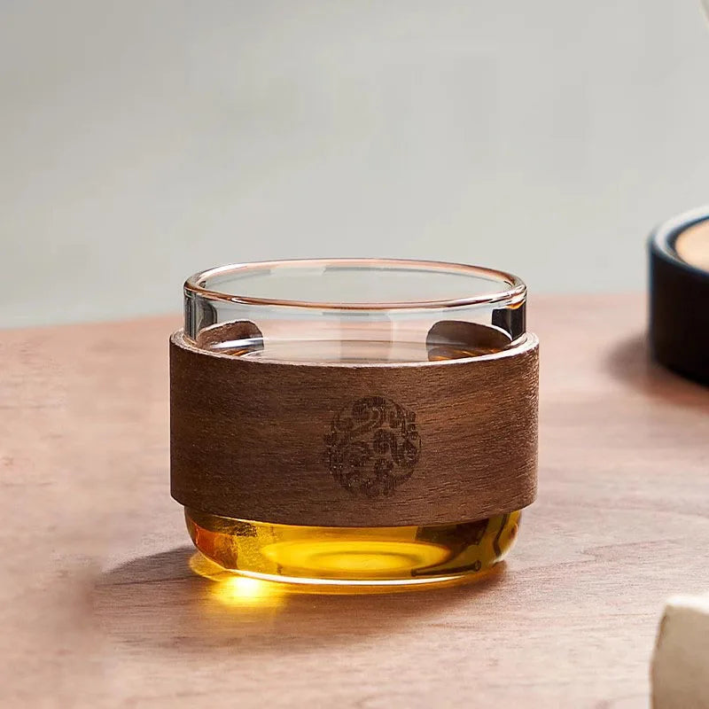 Glass Tea Cup With Scald Proof Wooden Holder