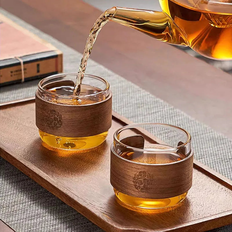 Glass Tea Cup With Scald Proof Wooden Holder