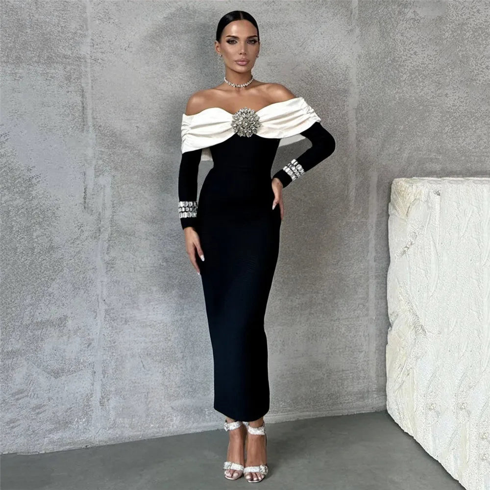 Women Beading Elegant Bandage Dress Sexy Off The Shoulder Long Sleeve Patchwork Clothing Club Party Celebrity Dresses