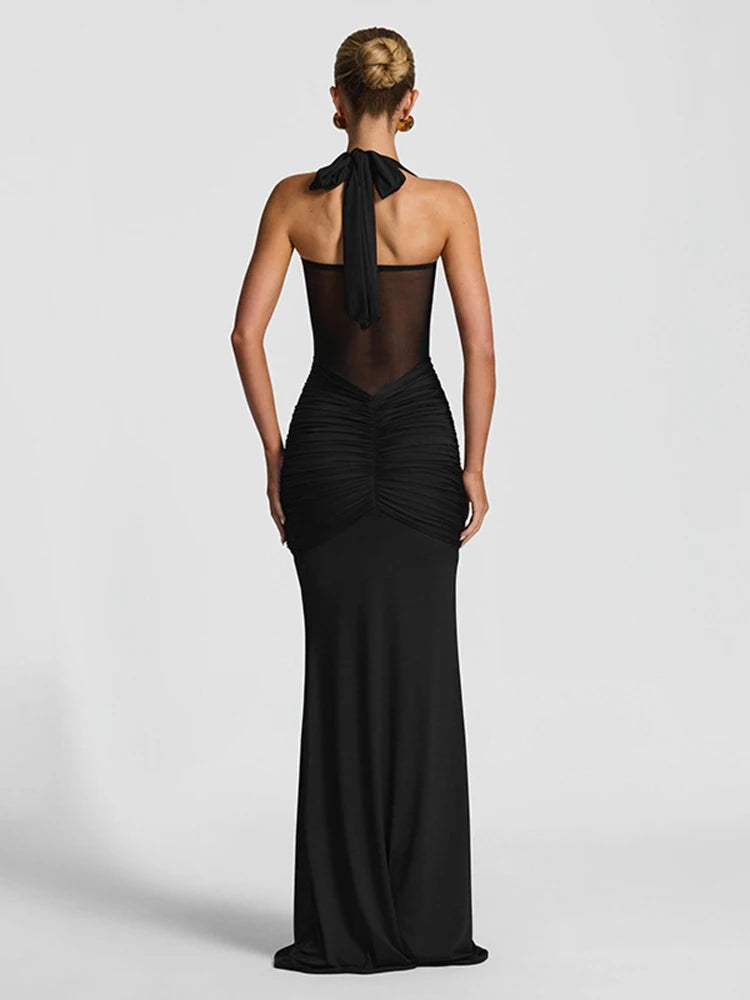 Dress Sheer Ribbons Halter Backless Evening Wear