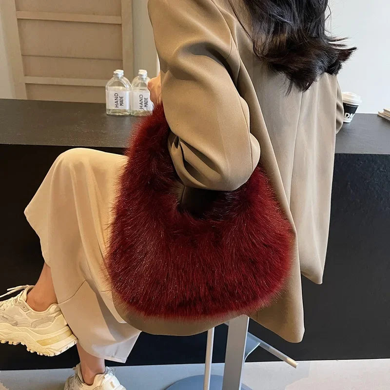 Winter Soft Plush Handbags Ladies Small Elegant Tote Bags Fashion Trend Female Furry Purse