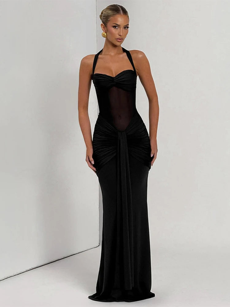 Dress Sheer Ribbons Halter Backless Evening Wear