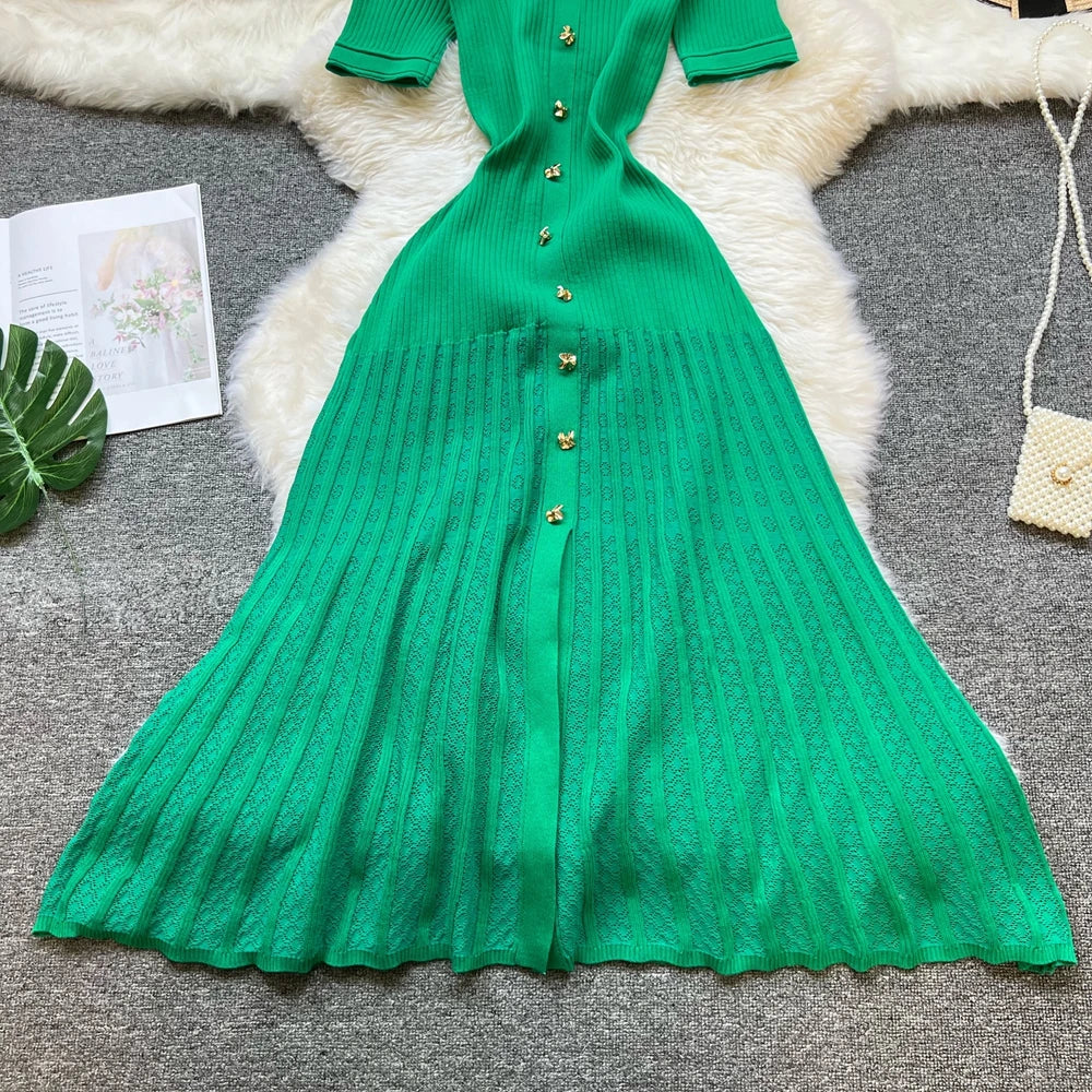 YuooMuoo Brand Fashion Turn-down Collar Knit Maxi Dress