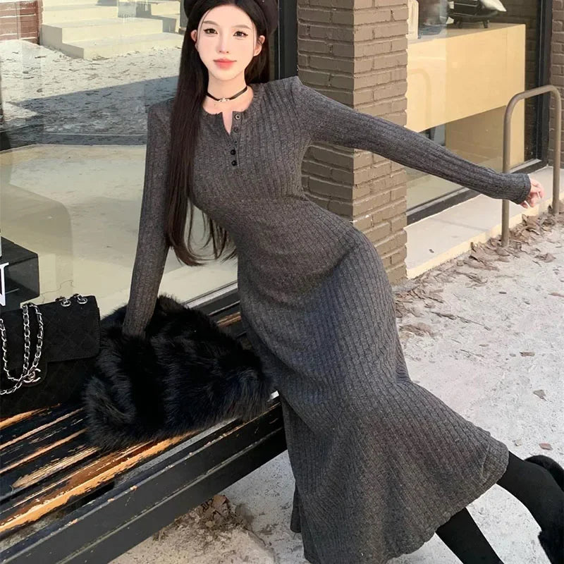 Smvp Elegant Slim High Waist Knit Dresses Women Autumn Winter Long Sleeve Thick Warm Long Dress Vintage Streetwear Vestidos