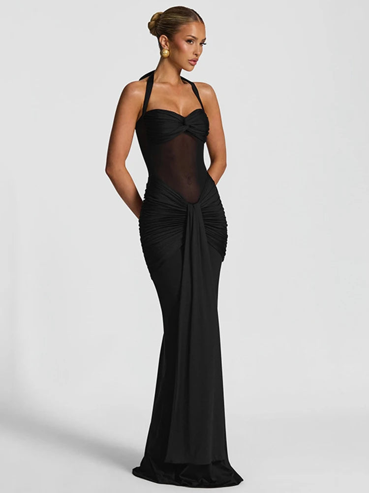 Dress Sheer Ribbons Halter Backless Evening Wear