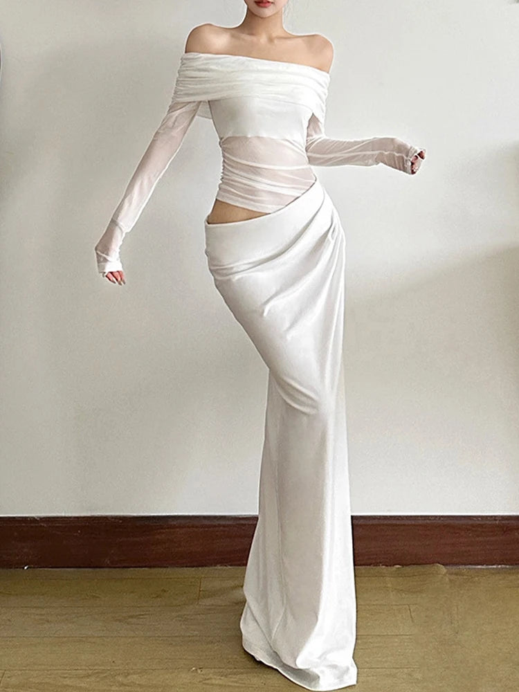 Dress Spring Patchwork Mesh Elegant Slash Neck Ruched