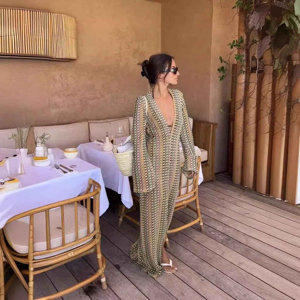 Crochet Colorful Stripe Maxi Dress Women Flare Sleeve Deep V-neck Split Sexy Long Dresses Spring Autumn Beach Banquet Vestidos