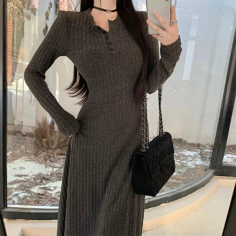 Smvp Elegant Slim High Waist Knit Dresses Women Autumn Winter Long Sleeve Thick Warm Long Dress Vintage Streetwear Vestidos