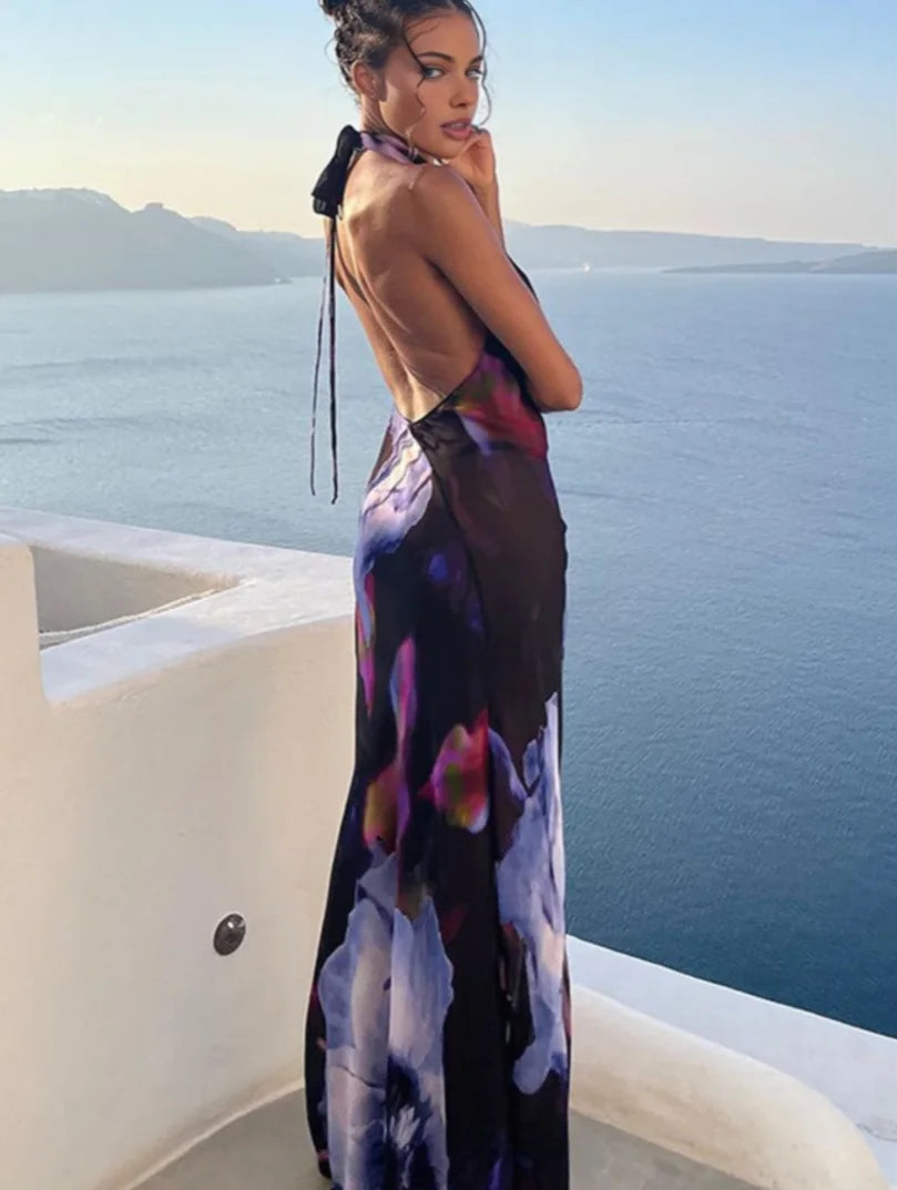 European and American fashion print sexy long dress with drooping collar female