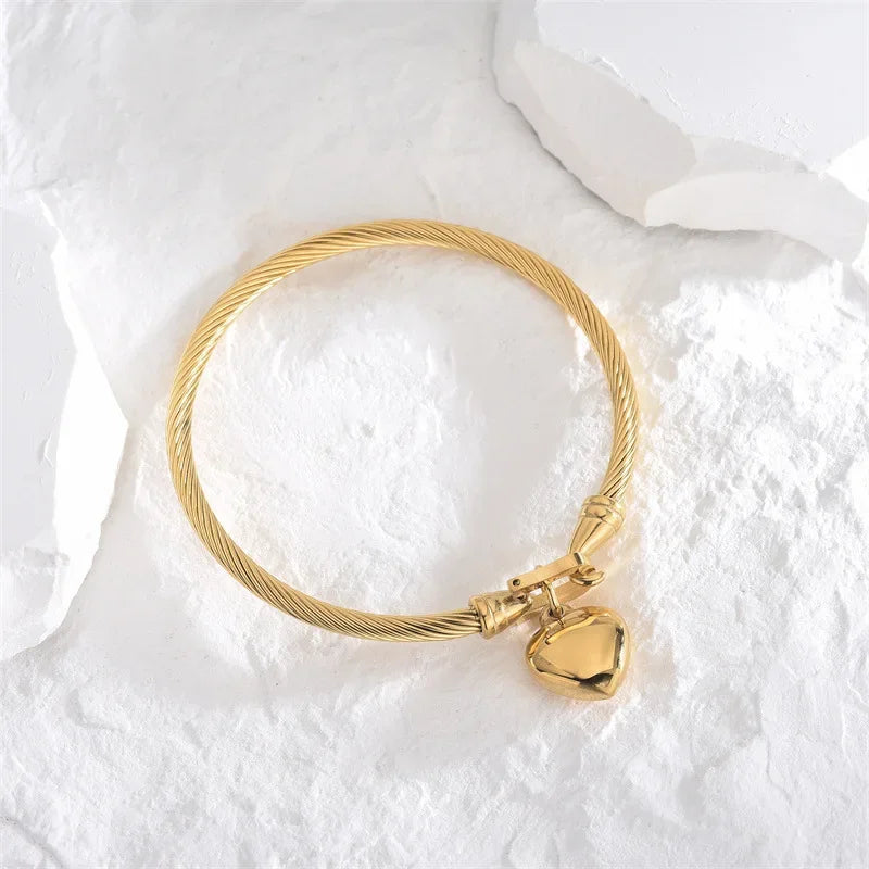 Stainless Steel Gold Heart Pendant Charm Bangle Bracelets