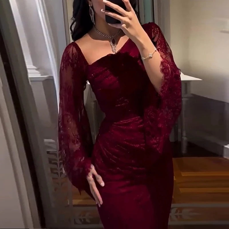 Elegant Temperament Long Sleeved Dress Lace Slim Fit Women's Party Dress Fall Asymmetrical High Waist Draped Banquet Dress Mujer