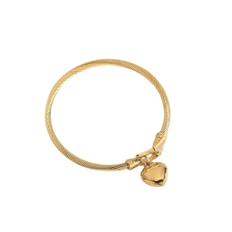 Stainless Steel Gold Heart Pendant Charm Bangle Bracelets