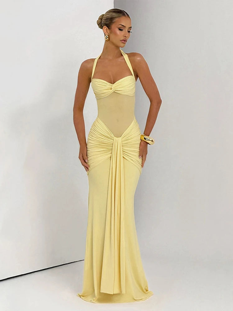 Dress Sheer Ribbons Halter Backless Evening Wear