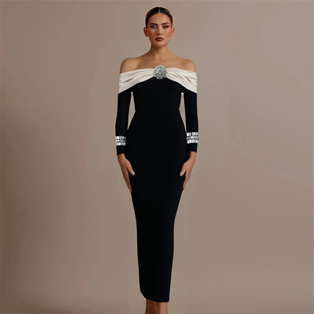 Women Beading Elegant Bandage Dress Sexy Off The Shoulder Long Sleeve Patchwork Clothing Club Party Celebrity Dresses