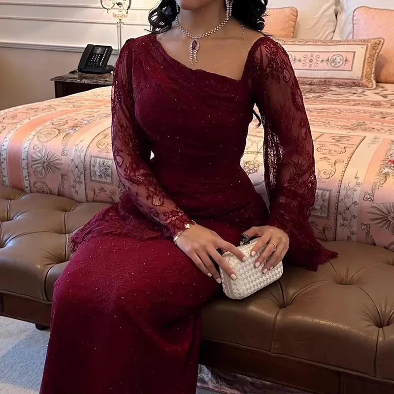 Elegant Temperament Long Sleeved Dress Lace Slim Fit Women's Party Dress Fall Asymmetrical High Waist Draped Banquet Dress Mujer