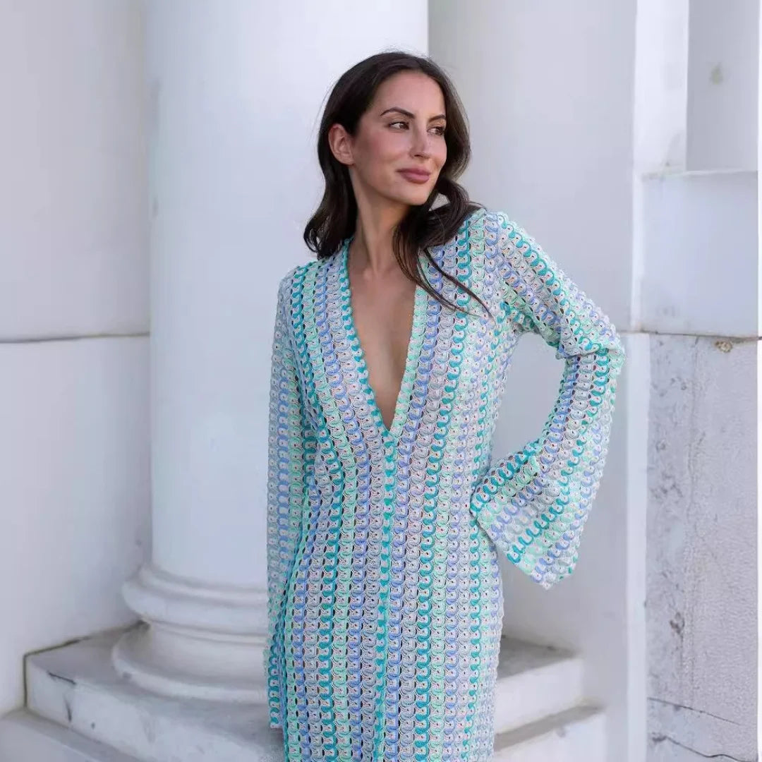 Crochet Colorful Stripe Maxi Dress Women Flare Sleeve Deep V-neck Split Sexy Long Dresses Spring Autumn Beach Banquet Vestidos