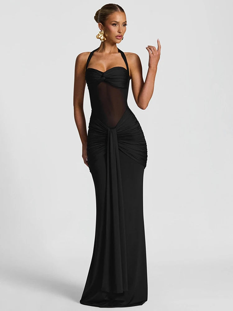 Dress Sheer Ribbons Halter Backless Evening Wear