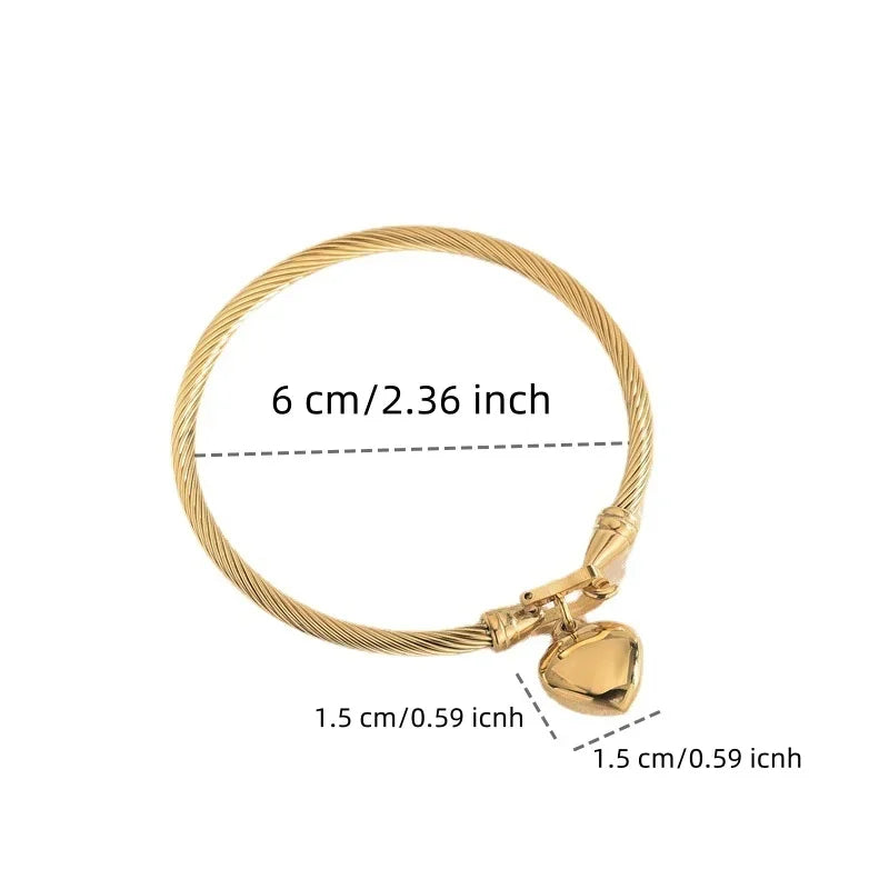 Stainless Steel Gold Heart Pendant Charm Bangle Bracelets