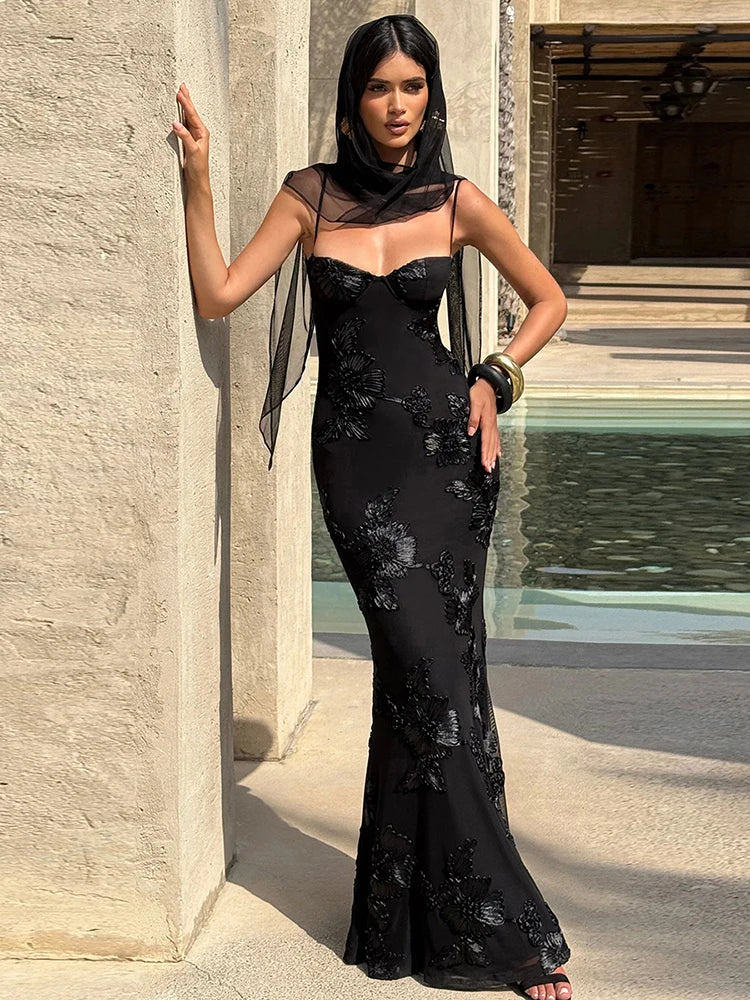 Weird Puss Flower Embroidery Maxi Dress Women Low-Neck Cross Bandage Backless Summer Street New Trend Skinny Elegant Vestidos