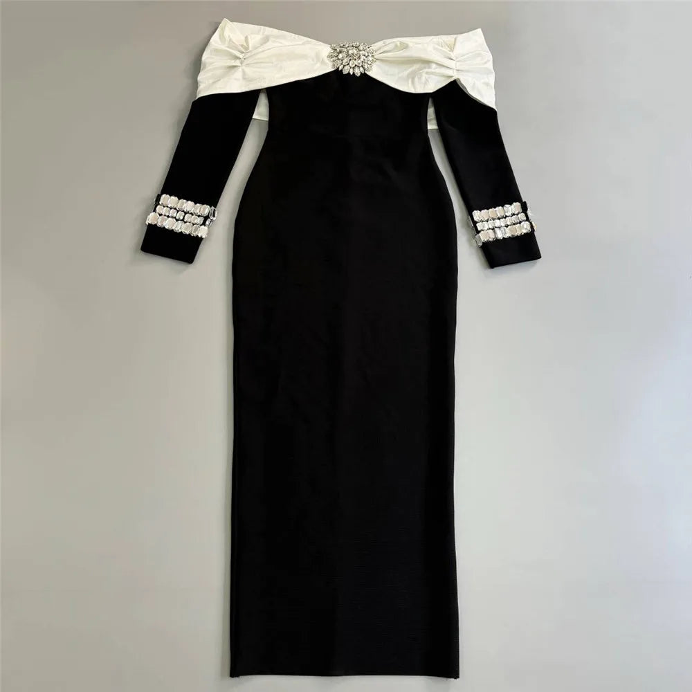Women Beading Elegant Bandage Dress Sexy Off The Shoulder Long Sleeve Patchwork Clothing Club Party Celebrity Dresses