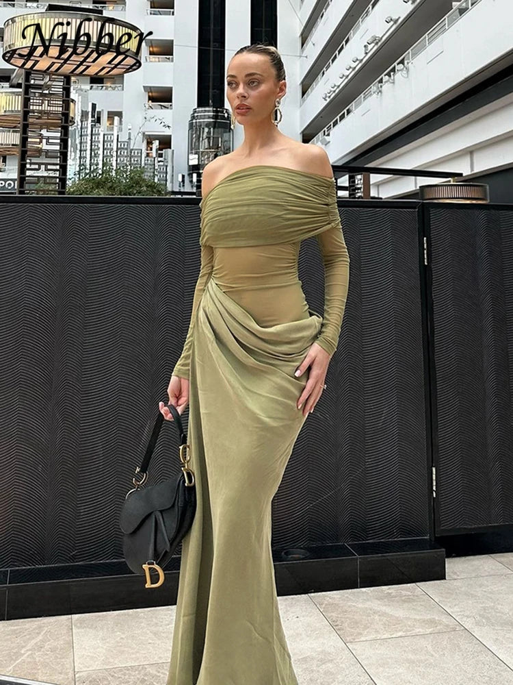 Dress Spring Patchwork Mesh Elegant Slash Neck Ruched