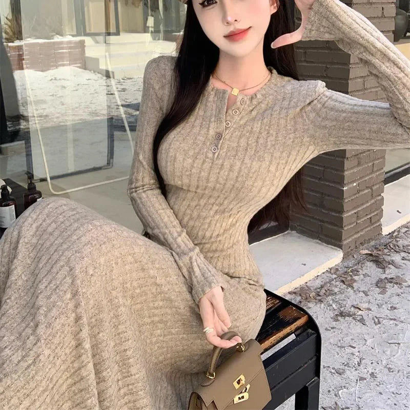 Smvp Elegant Slim High Waist Knit Dresses Women Autumn Winter Long Sleeve Thick Warm Long Dress Vintage Streetwear Vestidos