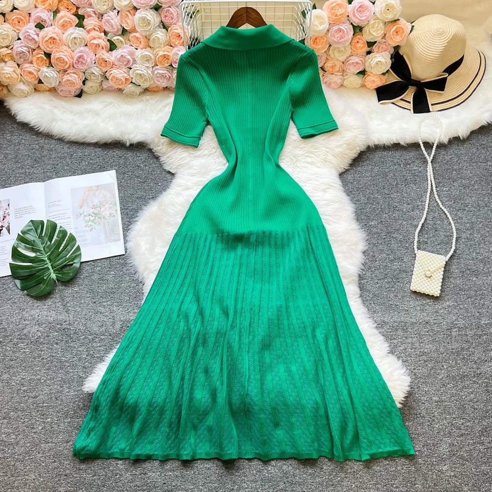 YuooMuoo Brand Fashion Turn-down Collar Knit Maxi Dress