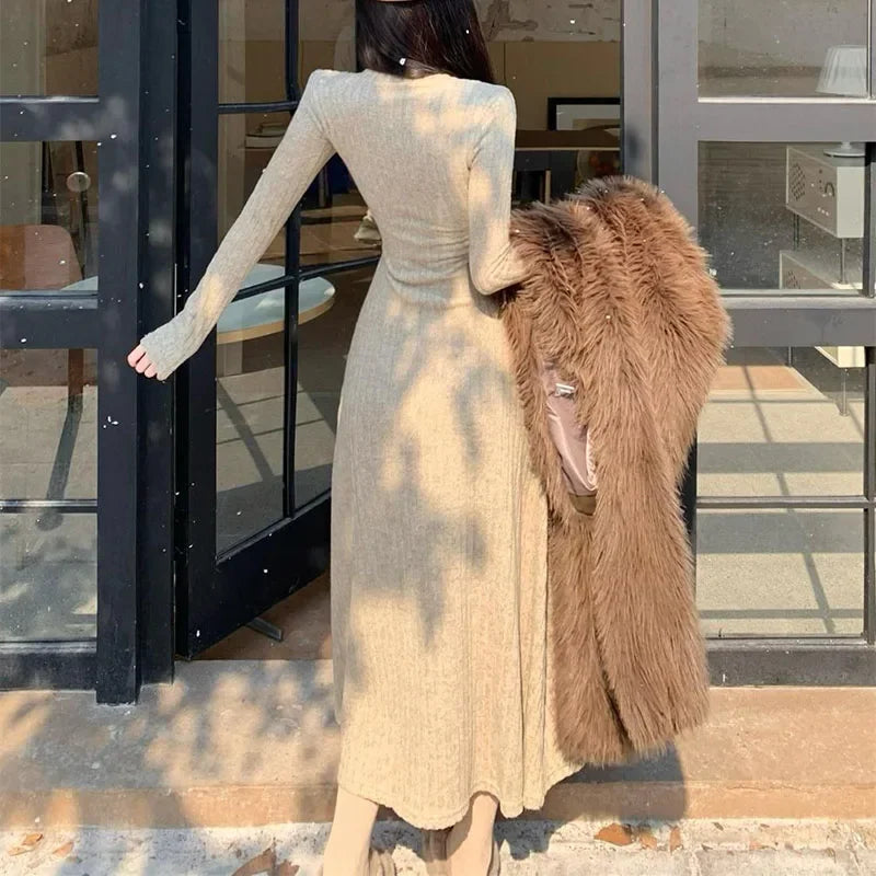 Smvp Elegant Slim High Waist Knit Dresses Women Autumn Winter Long Sleeve Thick Warm Long Dress Vintage Streetwear Vestidos
