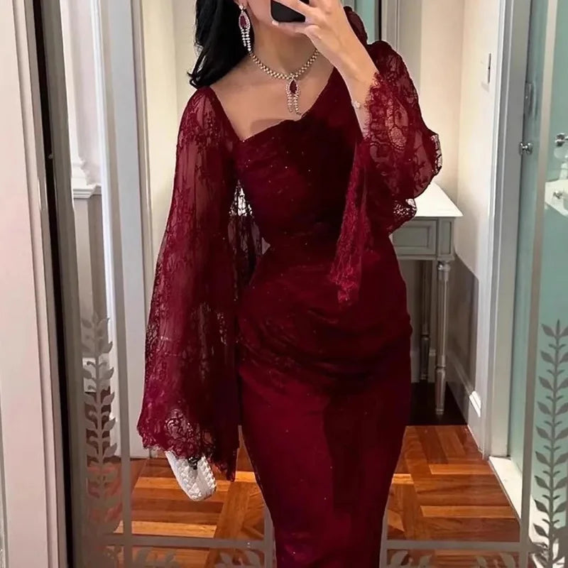 Elegant Temperament Long Sleeved Dress Lace Slim Fit Women's Party Dress Fall Asymmetrical High Waist Draped Banquet Dress Mujer